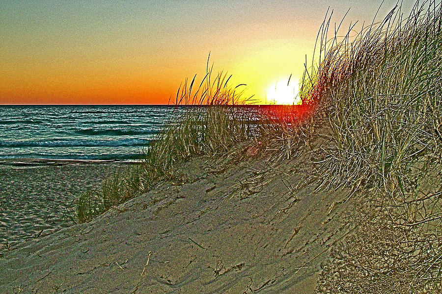Sunset over Lake Michigan Beach Grass on Empire Beach-Michigan Photograph by Ruth Hager