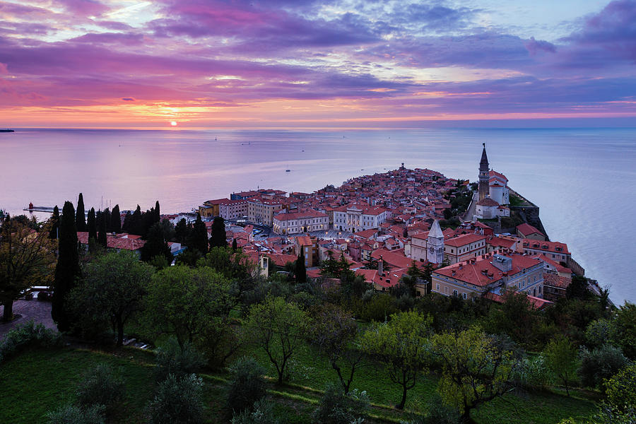 Sunset Over Piran From The City Walls Photograph by Jeremy Woodhouse