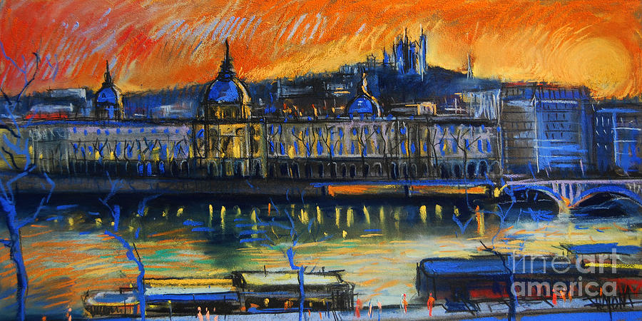 Sunset Over The City - Lyon France Painting by Mona Edulesco