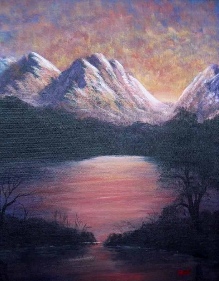 Sunset over the lake Painting by Megan Walsh