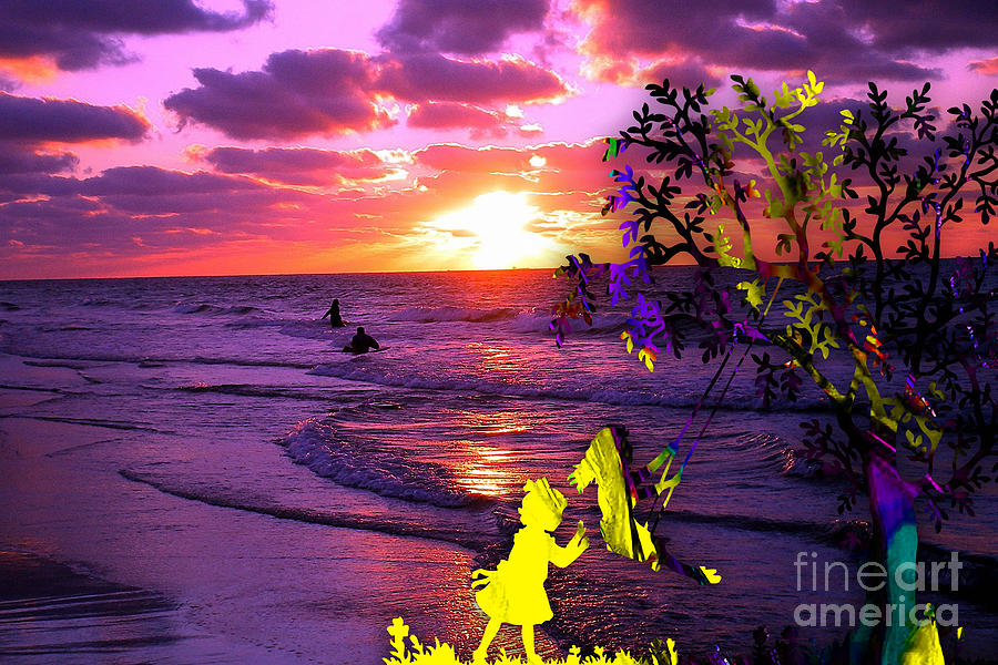 Sunset Mixed Media - Sunset Over The Water While Children Play by Marvin Blaine