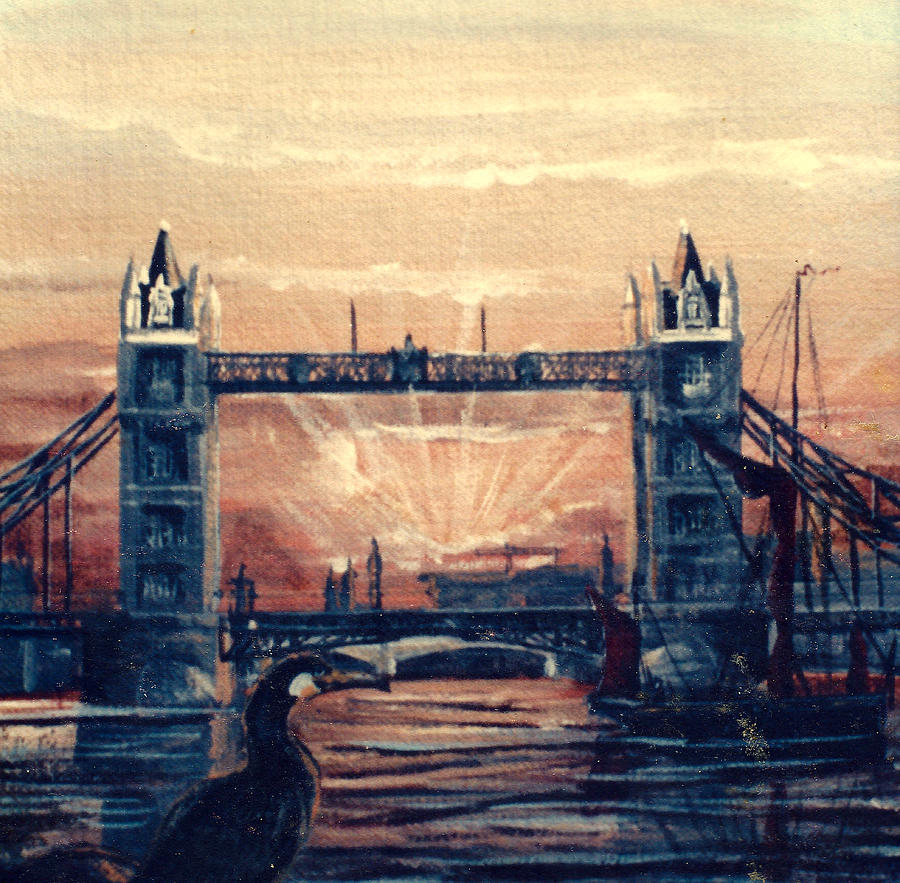 Sunset over Tower Bridge and the Cormorant Painting by Mackenzie Moulton