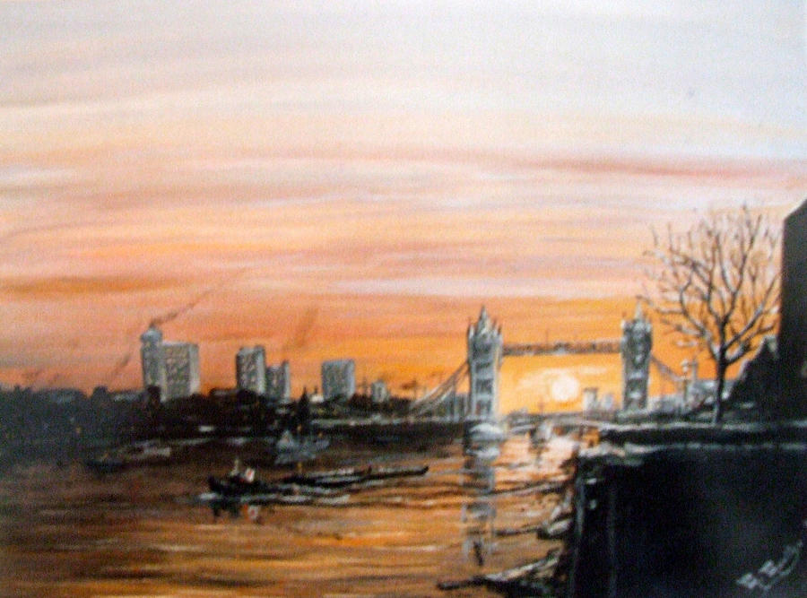 Sunset over Tower Bridge London from Pier Head Wapping Painting by Mackenzie Moulton