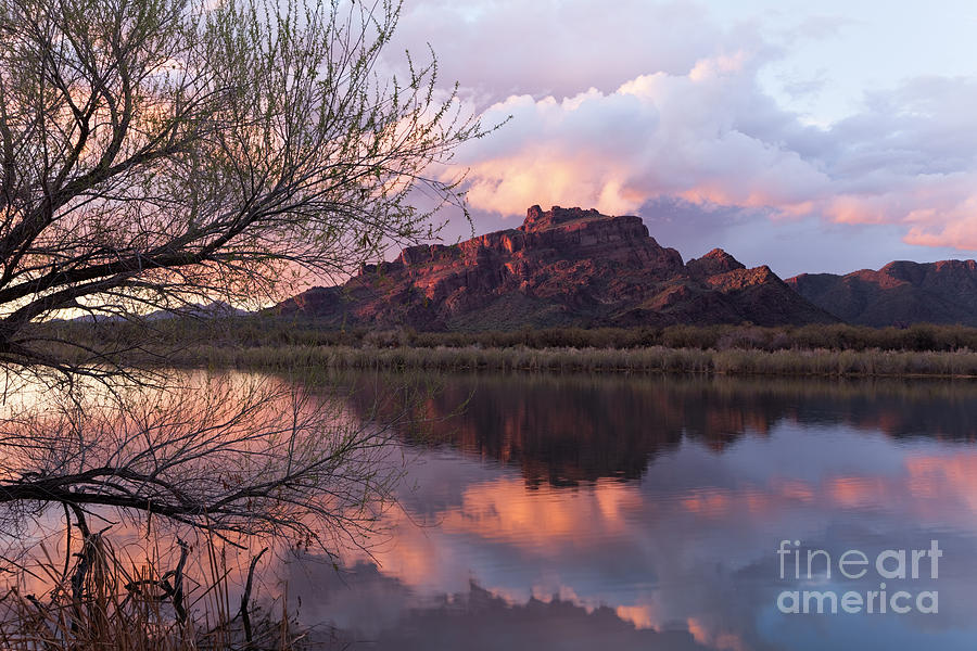 Sunset Red Mountain reflection on the Salt River Arizona Photograph by Patrick McGill