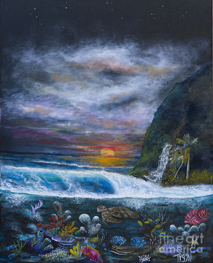Sea Turtle Painting - Sunset reef by John Tyson