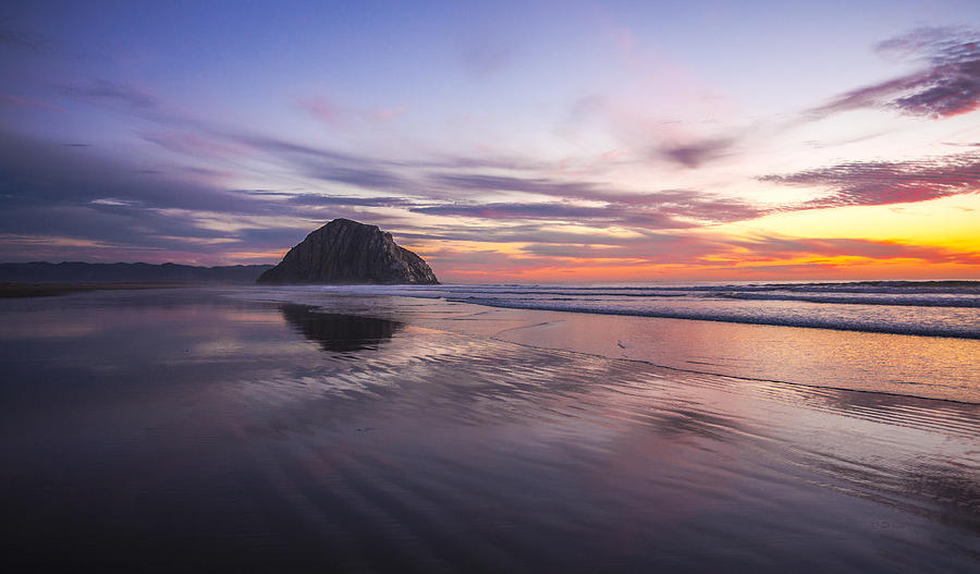 Sunset Reflections at Morro Bay Beach Rock Fine Art Photography Print Photograph by Jerry Cowart
