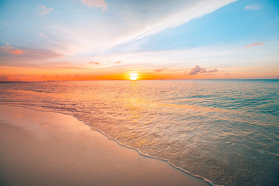 Sunset sea landscape. Colorful ocean beach sunrise. Beautiful beach scenery with calm waves and soft sandy beach. Empty tropical landscape, horizon with scenic coast view. Colorful nature sea sky Photograph by Levente Bodo