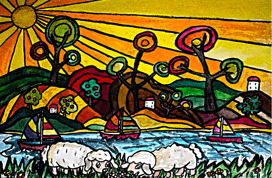 Sunset Sheep Painting by Monica Engeler