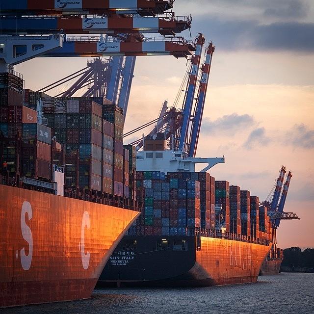 Sunset Photograph - Sunset Shift. #sunset #ship #containers by Jannis Werner