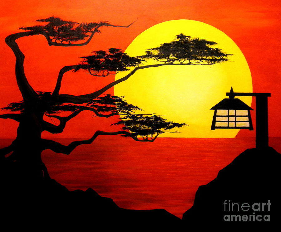 sunset painting with silhouette