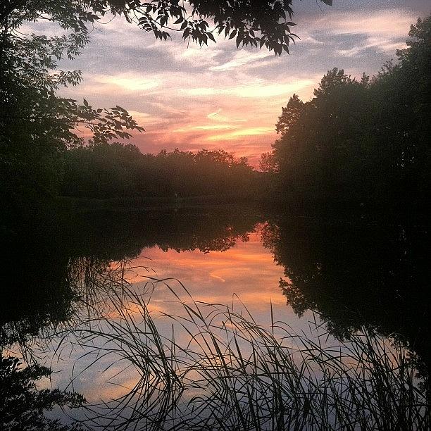 Summer Photograph - #sunset #sky #red #clouds #woods #pond by Lauren C