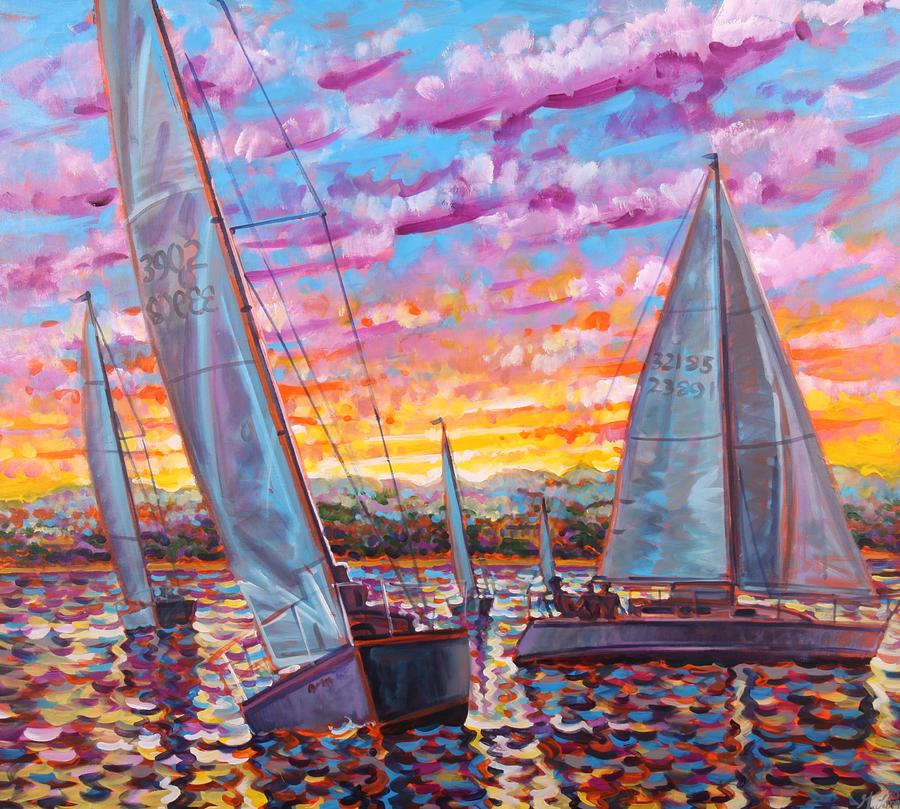 Sunset Sky Sailboats Painting by Gary M Long
