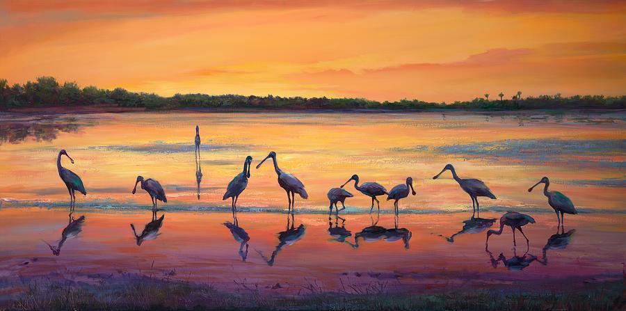 Spoonbill Painting - Sunset Spoonbills by Laurie Snow Hein