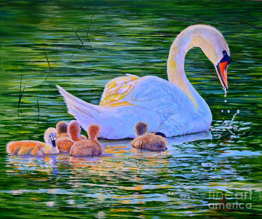 Nature Painting - Sunset Swan Family by AnnaJo Vahle