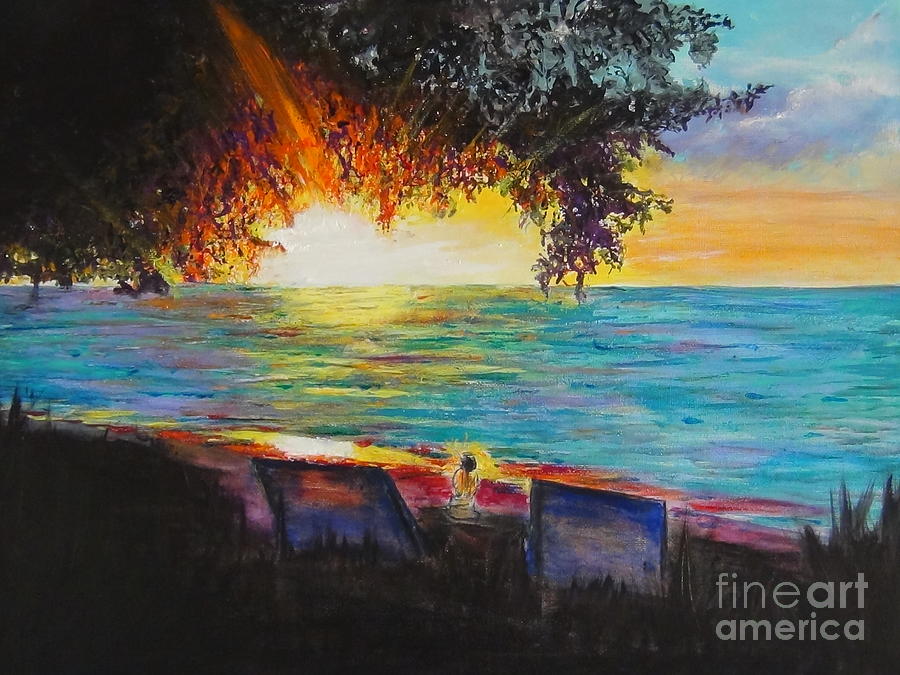 Sunset Painting - Sunset Tree Planted by The Shiny Turquoise Water by Connie Holman