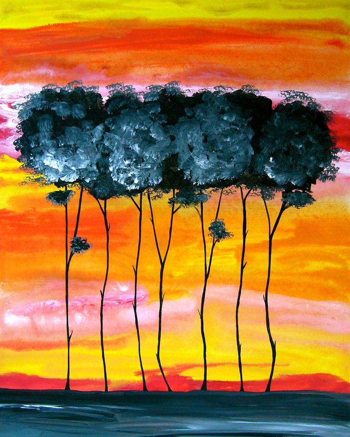 Orange Painting - Sunset Trees Abstract Painting Fine Art Print by Laura Carter