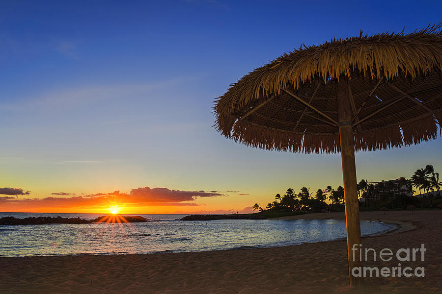 Ocean Sunset Photograph - Sunset Under a Bamboo Umbrella in Hawaii  by Aloha Art
