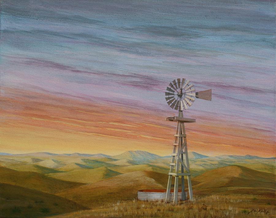 High Plains Painting - Windmill Sunset by J W Kelly High Plains Painting - Windmill Sunset by J W Kelly