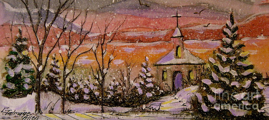 Sunset Winter Church Painting by Gretchen Allen