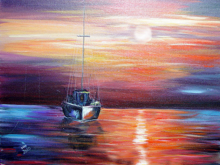 Sunset with Boat Painting by Dorothy Maier
