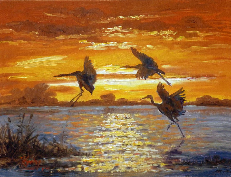 Sunset with cranes Painting by Irek Szelag