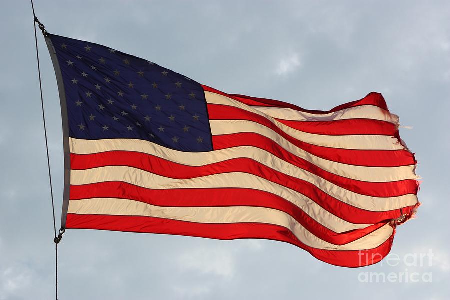 Flag Photograph - Sunshine on US Flag with Bluesky by Robert D  Brozek