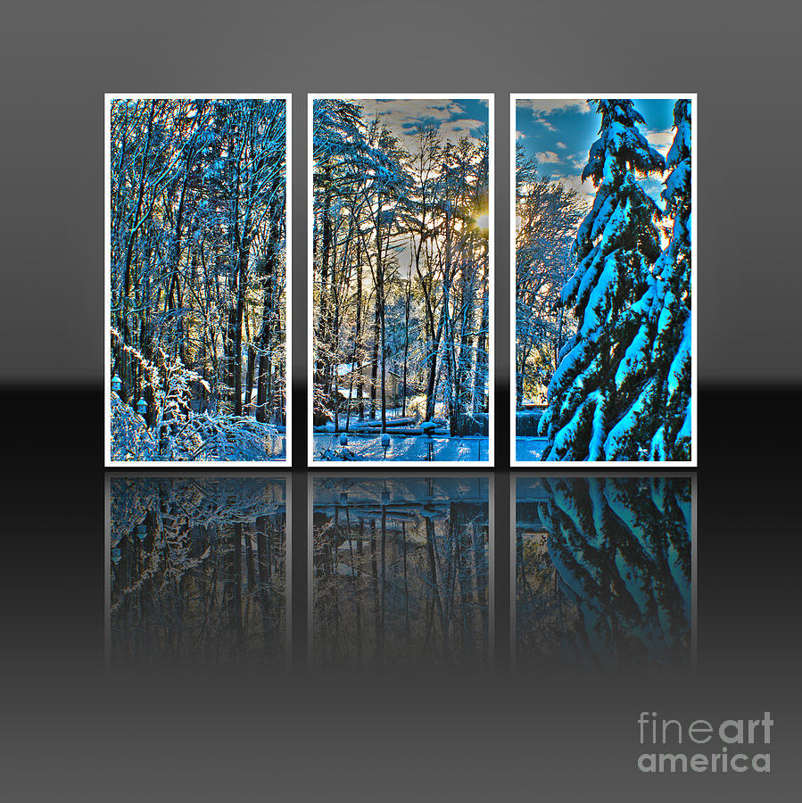 Winter Photograph - Sunshine reflections - triptych by Claudia M Photography