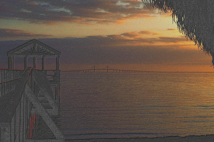 Sunshine Skyway at Sunset Drawing by Richard Zentner