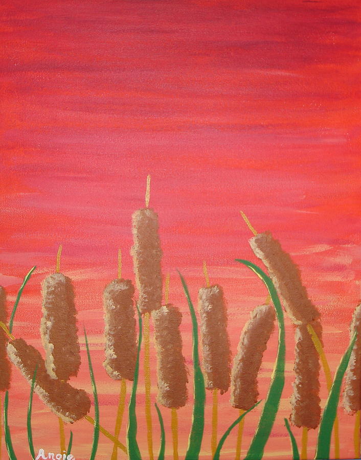 Sunst Cattails Painting by Angie Butler