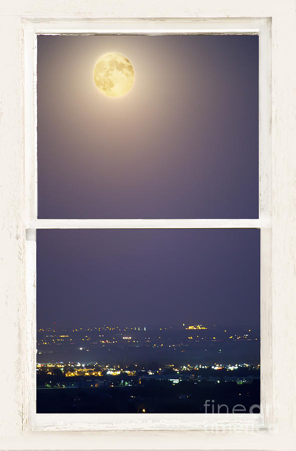 Nature Photograph - Super Moon Over City Lights View Through White Rustic Window by James BO Insogna