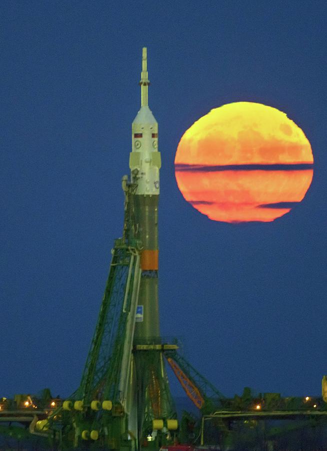 Moon Photograph - Supermoon And Soyuz Rocket At Baikonur by Nasa/bill Ingalls/science Photo Library