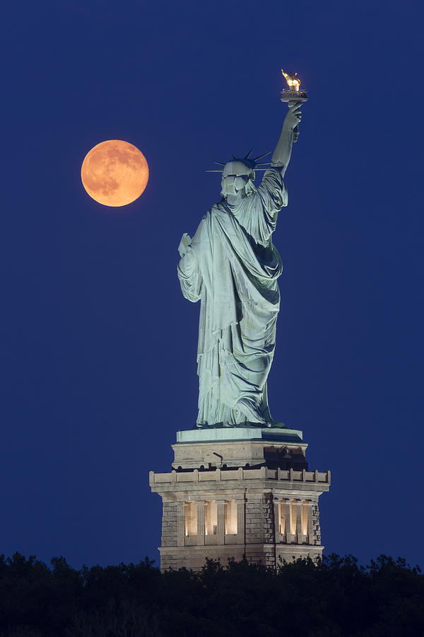 Statue Of Liberty Photograph - Supermoon Over New York City by Susan Candelario