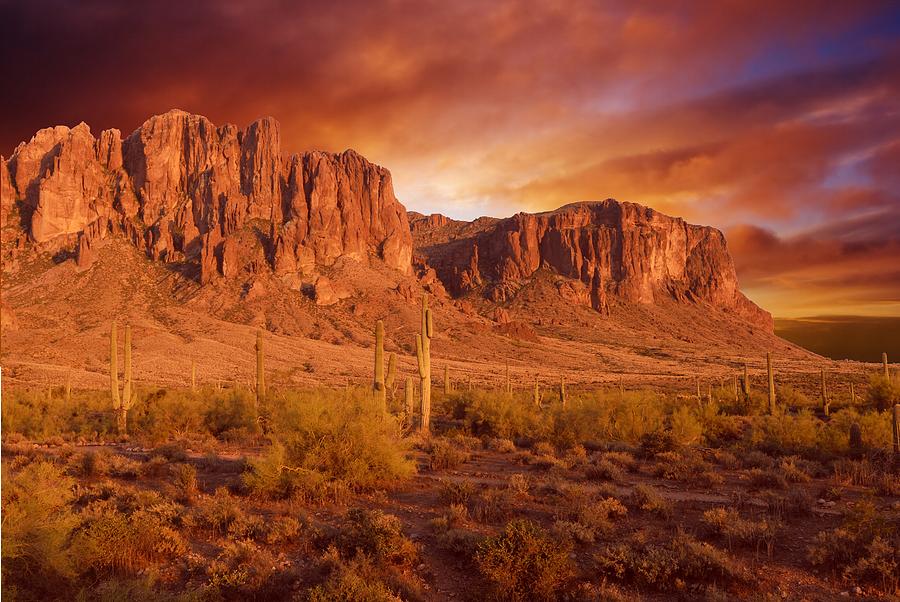 Superstition Mountains Arizona Sunset Gold Photograph by Peter Nowell ...