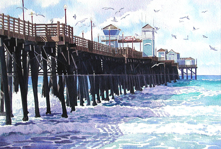Surf View Oceanside Pier California Painting by Mary Helmreich