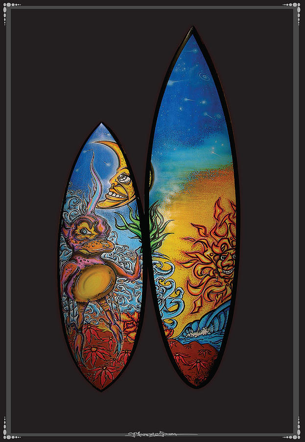 Surfboard Art Sun Moon Mixed Media By Marcelosouza Tattoosngraphx 