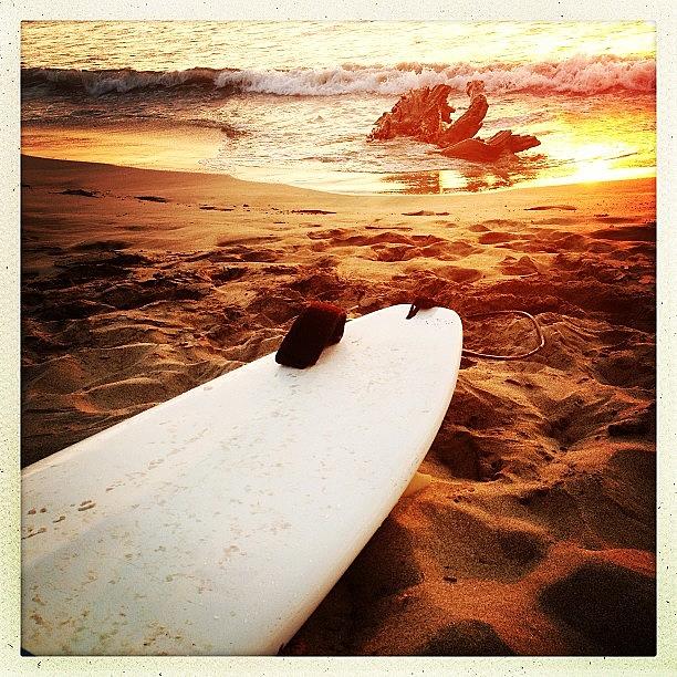 Hipstamatic Photograph - Surfboard, Sand, Sunset, And Sea (costa by Kent Griswold