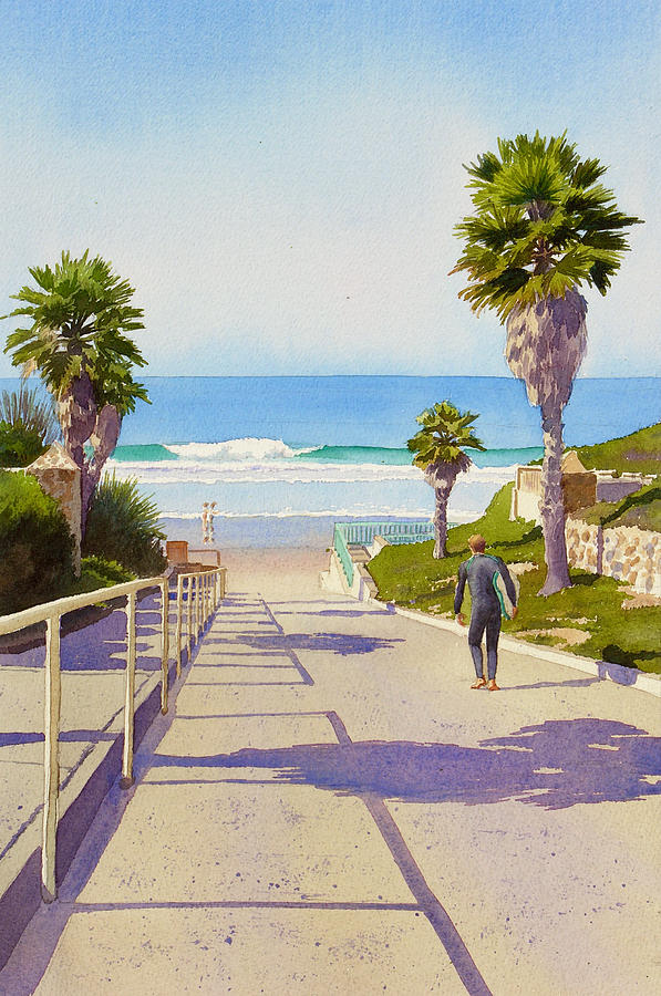 Surfer Dude at Fletcher Cove Painting by Mary Helmreich
