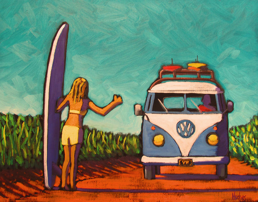 Surfer Girl and VW Bus Painting by Kevin Hughes