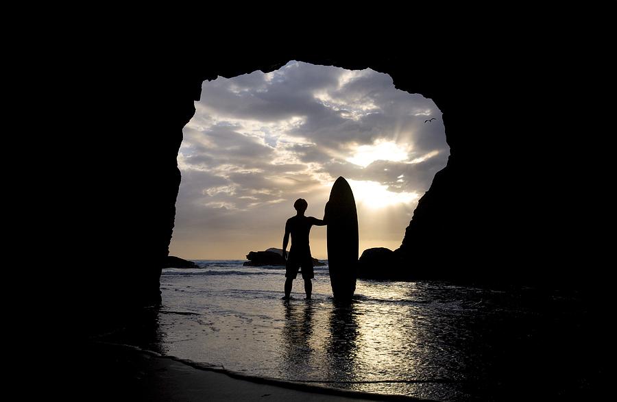 Surfer Inside A Cave At Muriwai New Photograph