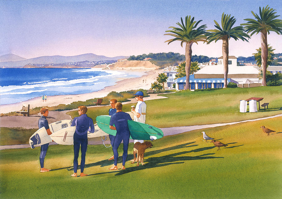 Surfers Gathering at Del Mar Beach Painting by Mary Helmreich