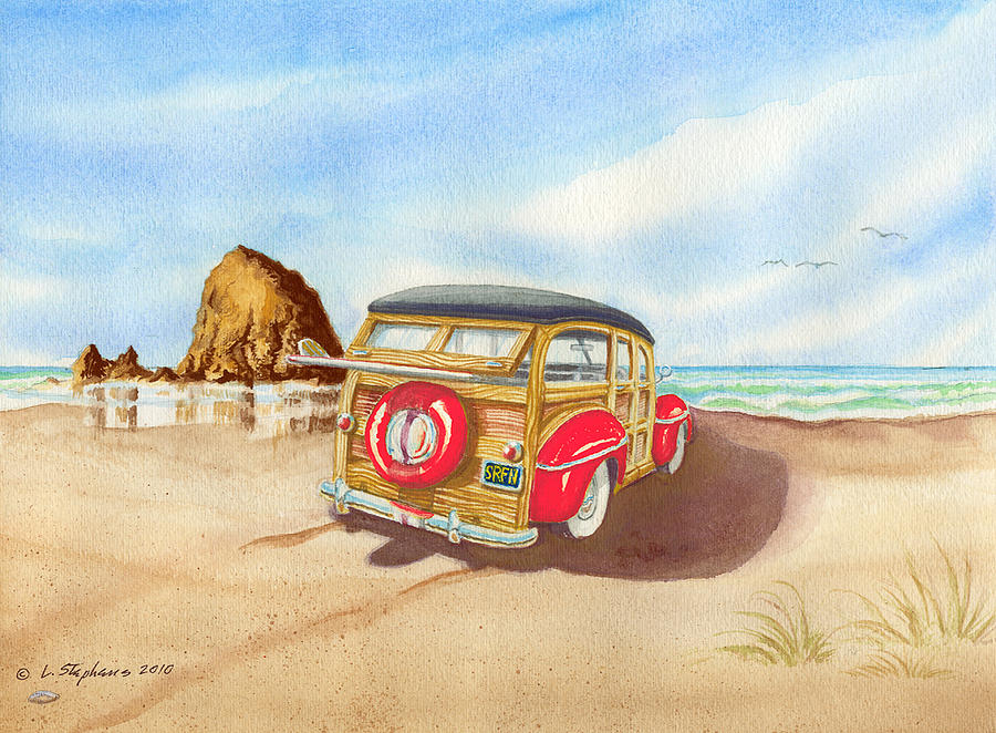 Ford Woodie Painting - Surfin at Haystack by Larry Stephens
