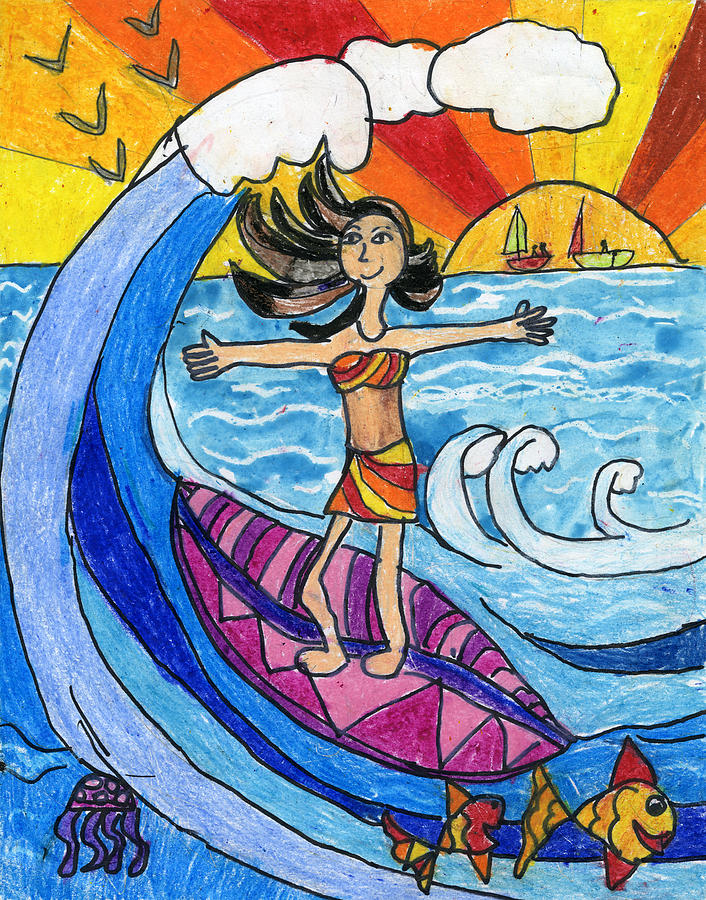Bird Drawing - Surfing the Waves by Tanisha Sandeep Pidshetti 1st grade by California Coastal Commission