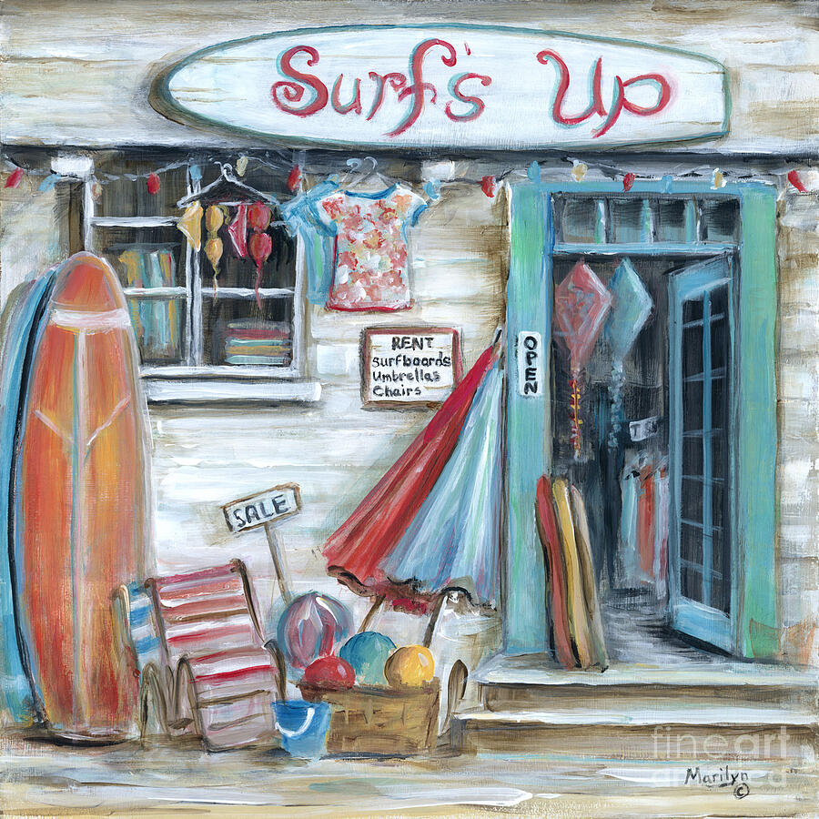 Surfing Painting - Surfs Up Beach Shop by Marilyn Dunlap