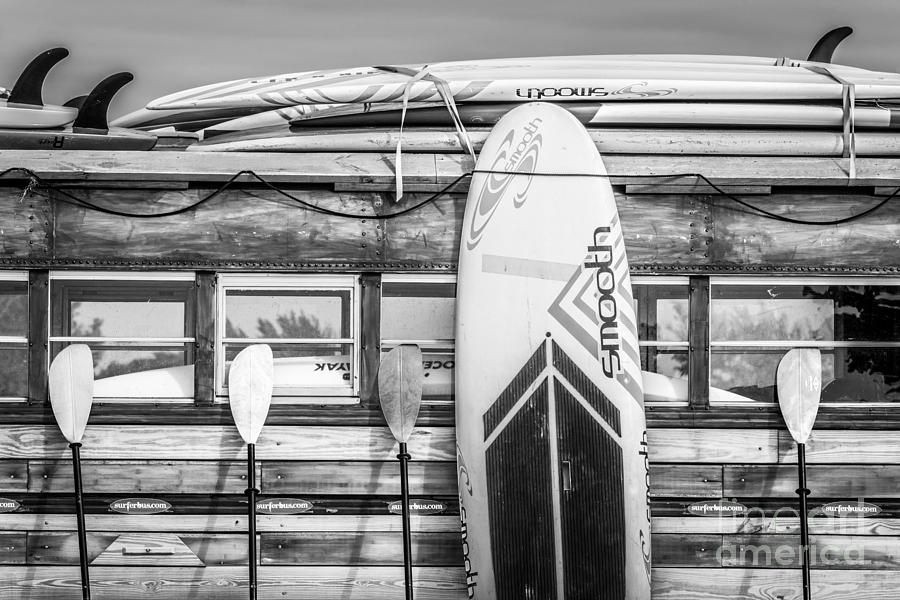Black And White Photograph - Surfs Up - Vintage Woodie Surf Bus - Florida - Black and White by Ian Monk