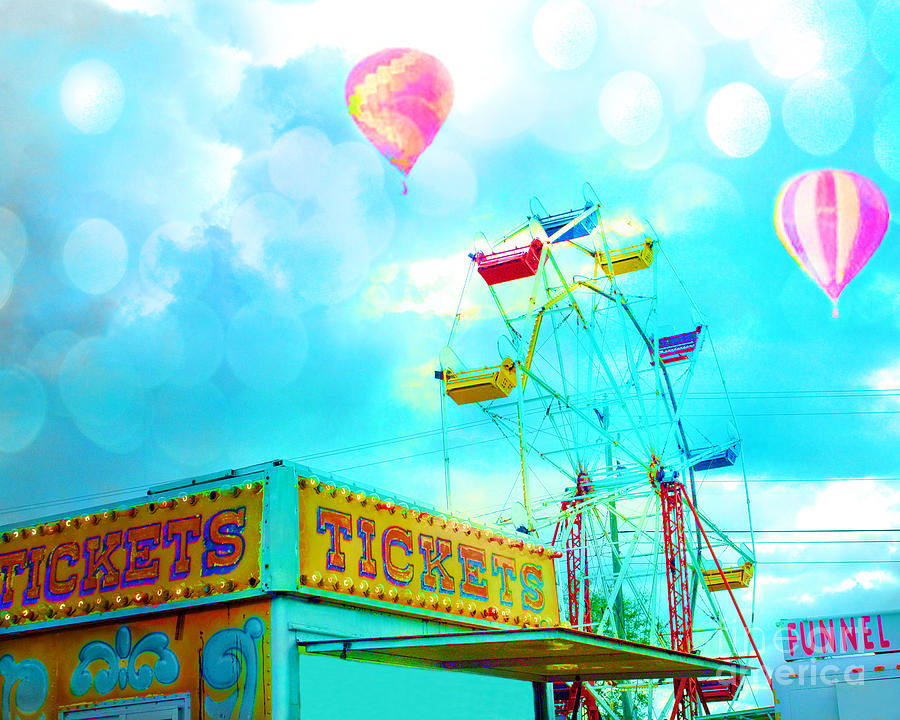 Surreal Aqua Teal Carnival Tickets Booth With Ferris Wheel and Hot AIr Balloons - Carnival Fair Art Photograph by Kathy Fornal