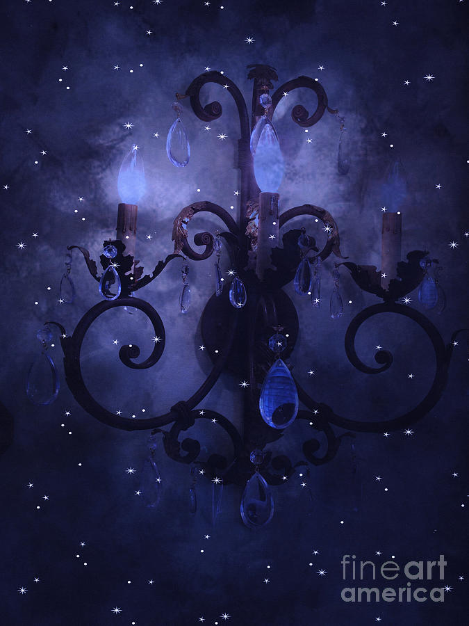 Surreal Blue Purple Chandelier Night Against Starry Blue Sky - Fantasy Blue Chandelier Art Photograph by Kathy Fornal