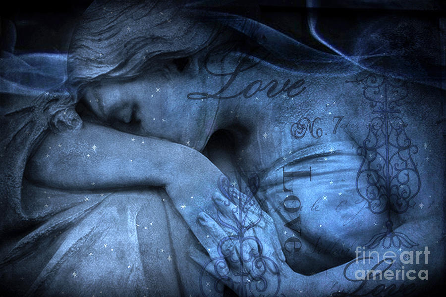 Angel Photograph - Surreal Blue Sad Mourning Weeping Angel Lost Love - Starry Blue Angel Weeping With Love Script by Kathy Fornal