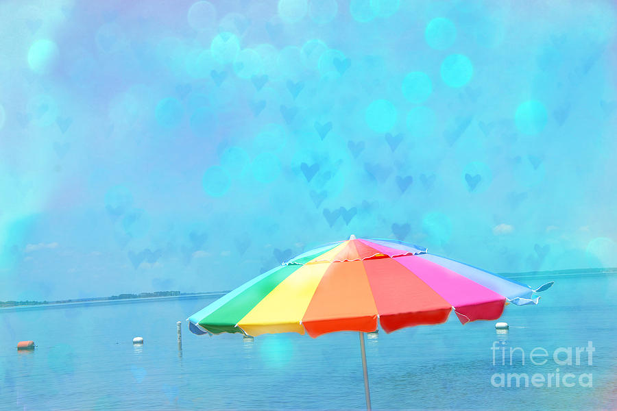 Beach Photograph - Surreal Blue Summer Beach Ocean Coastal Art - Beach Umbrella  by Kathy Fornal