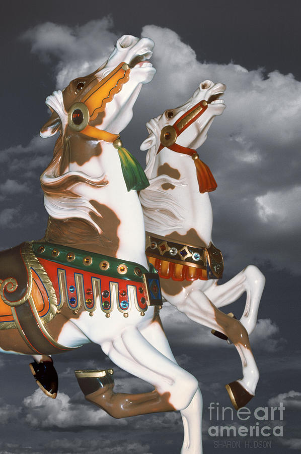 surreal carousel horses - Flying Pintos Photograph by Sharon Hudson