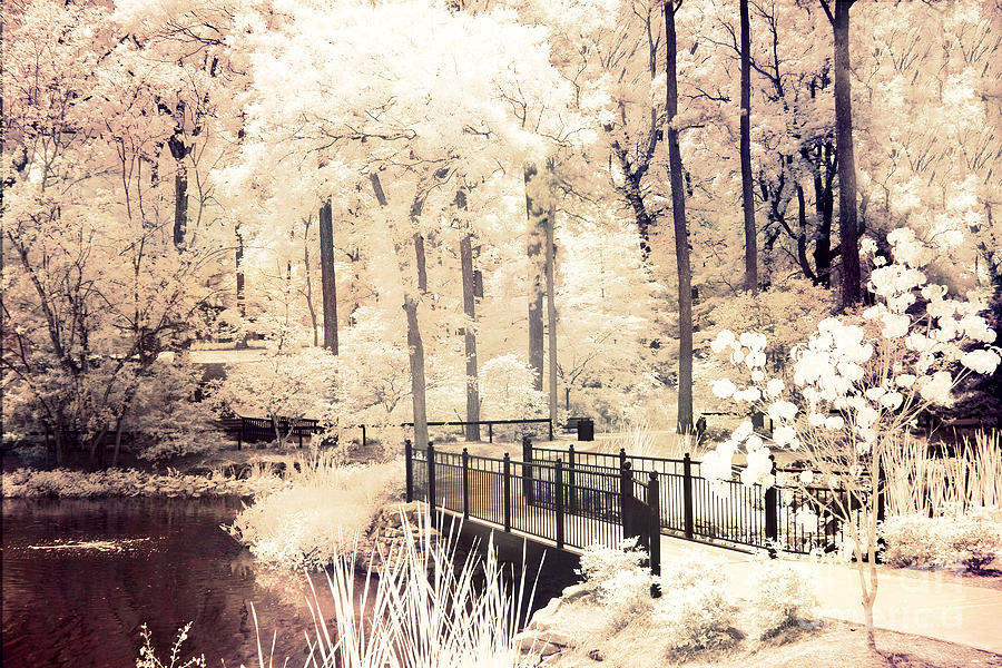 Surreal Dreamy Infrared Nature Bridge Landscape - Autumn Fall Infrared Photograph by Kathy Fornal
